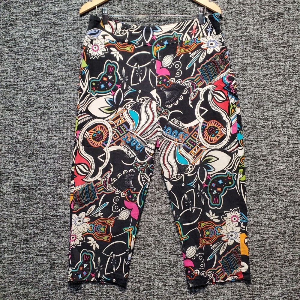 Chicos Crop Pants Womens L Black Multi Color Abstract Psychedelic Boho Summer